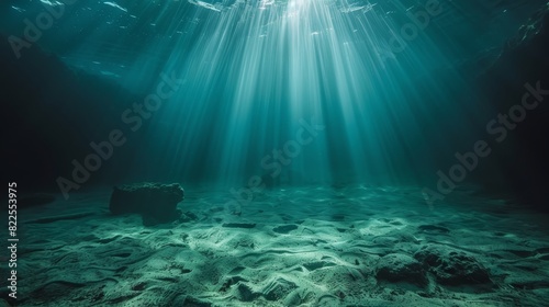  The sun illuminates the sandy ocean floor via the transparent water, featuring a rock in the near foreground and a rock outcropping up ahead photo