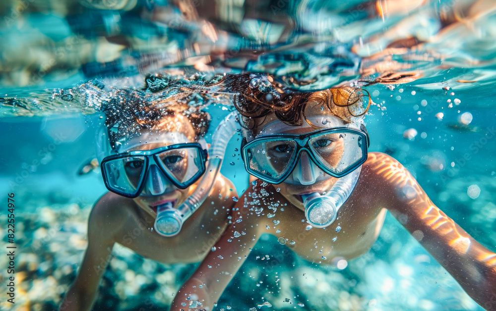 Naklejka premium Underwater Adventure: Family Snorkeling in Tropical Waters