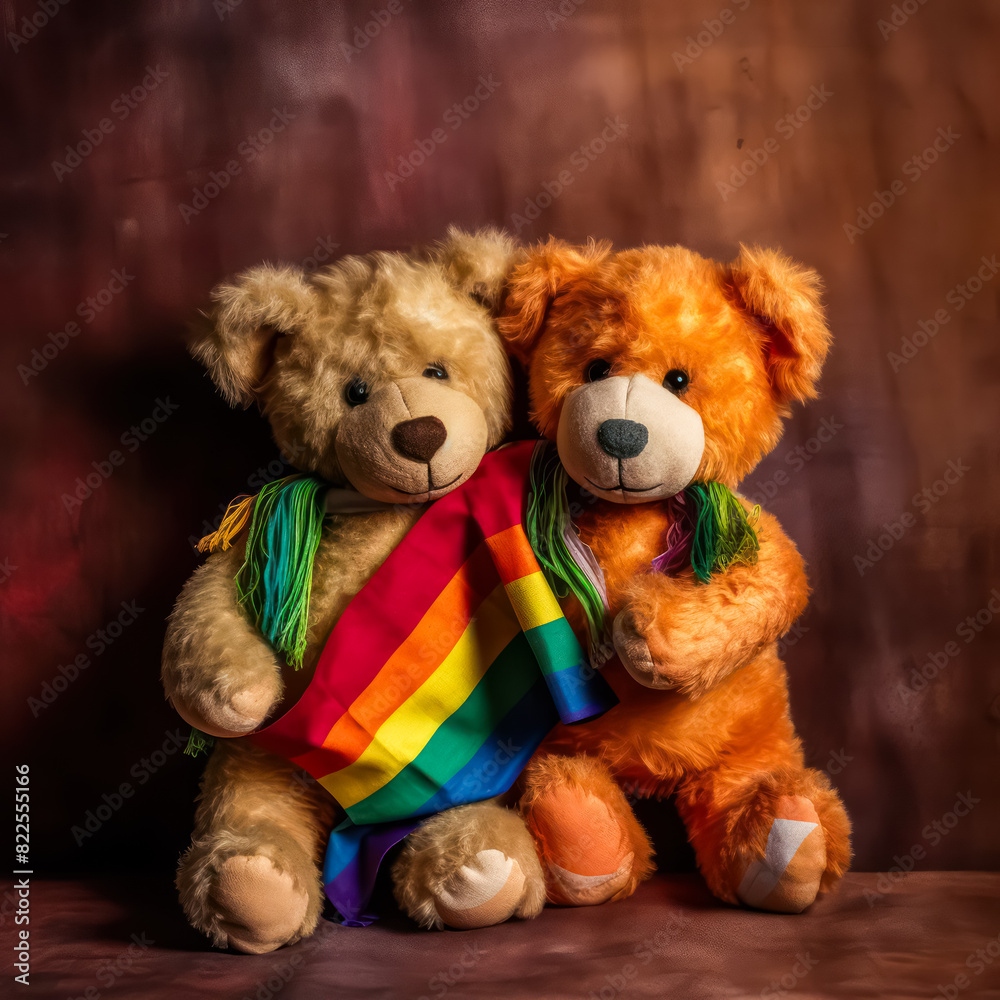 Obraz premium Photo of bears in front of LGBTQ flag, preparing for Pride. Vibrant colors and playful atmosphere highlight spirit of inclusion and celebration.