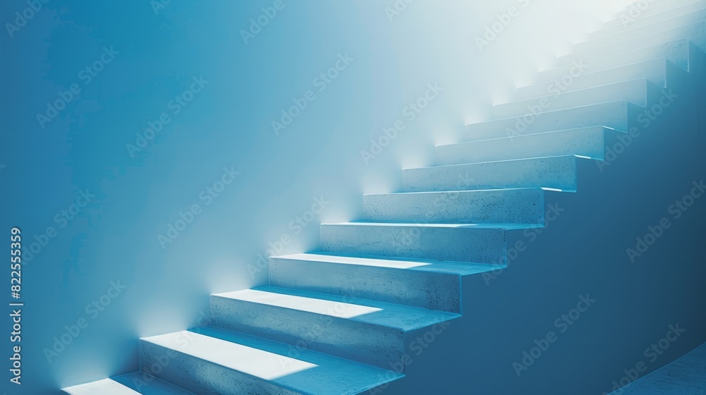  A blue room houses white stairs ascending, topped by a set Bright light spans from stair summit to base