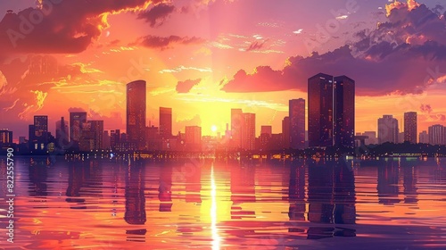 A beautiful cityscape of a modern city with skyscrapers and a river in the foreground  reflecting the warm colors of the sunset sky.