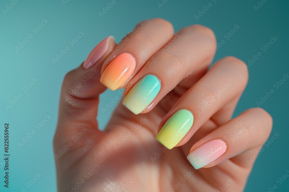 Hand Model With Long Nails Painted With Colorful Gradient Different Colors Nail Salon Hand Model With Long Nails Painted With Colorful Gradient Different Colors Nail Salon