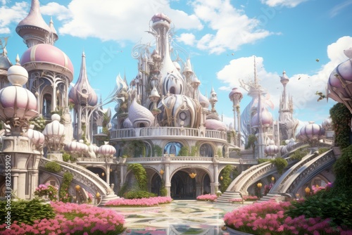 Dreamlike fantasy castle amid blooming gardens under a serene sky, ideal for fairy tale concepts © juliars