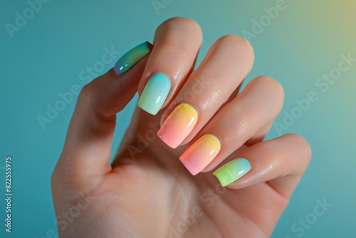 Hand Model With Long Nails Painted With Colorful Gradient Different Colors Nail Salon