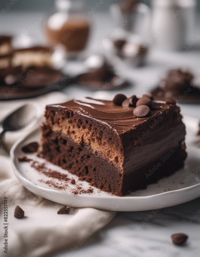 homemade and delicious sliced cake with cocoa and chocolate on white marble in a plate
homemade and delicious sliced cake with cocoa and chocolate on white marble in a plate