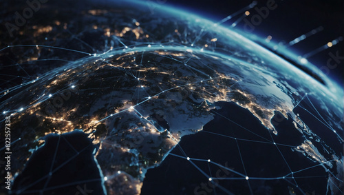 Global connectivity, world map pinpointing the nodes of a vast network spanning planet Earth.