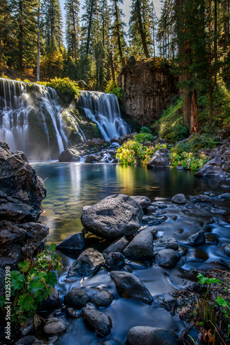 Waterfall with light streams
