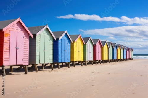 Row of vibrant beach huts with a bright blue sky, symbolizing summer leisure and vacation time © juliars