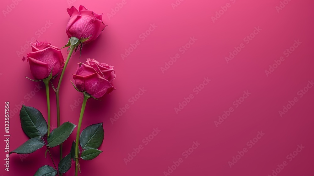 Three roses in pink hues against a pink backdrop One stem features a verdant green leaf, while another bud rests at its tip Three roses in pink hues against a pink backdrop One stem features a verdant green leaf, while another bud rests at its tip