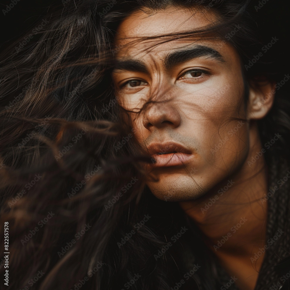 racially ambiguous male model with flowing long hair in his 20's racially ambiguous male model with flowing long hair in his 20's