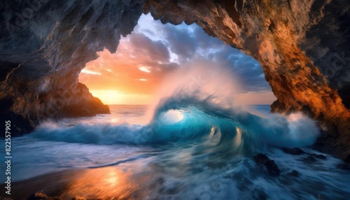 A majestic wave crashing against the entrance of a hidden sea cave at sunset.