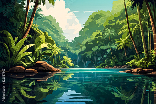 A tranquil river winding through the heart of a dense tropical jungle  with vibrant greenery reflected in its calm waters vector art illustration generative ai image. 