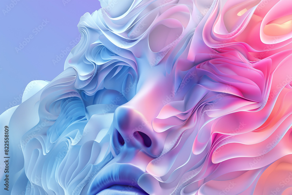 Obraz premium Human face with flowing waves of blue and purple hues. Swirling patterns create a sense of movement