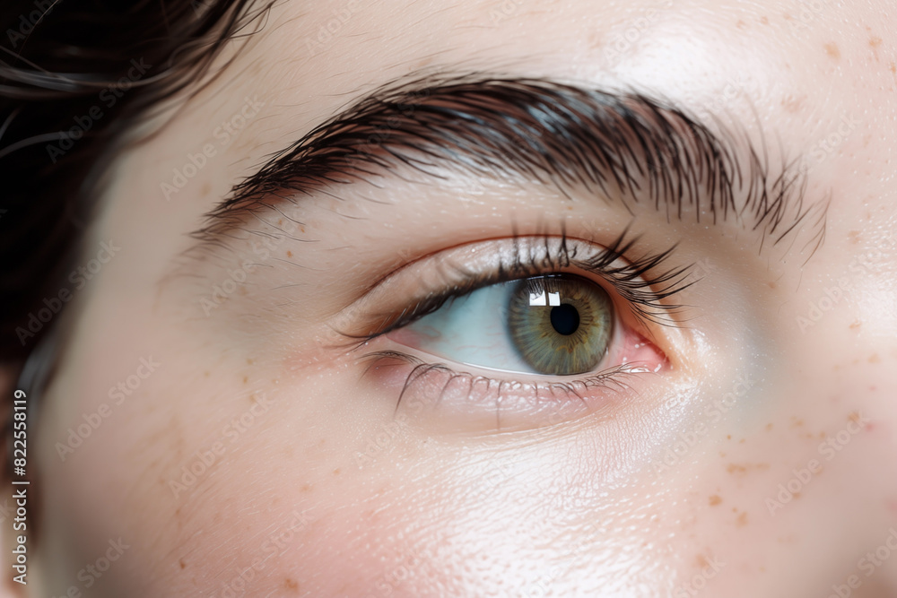 Obraz premium A close-up view of a persons green eye, fine details of the iris, eyelashes, and natural eyebrows. Soft daylight illuminates skin, highlighting freckles and smooth complexion. Cosmetic procedures