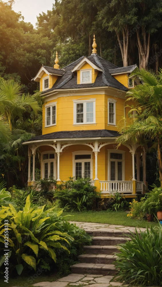 Golden abode, a charming yellow house surrounded by lush greenery, a summer oasis.