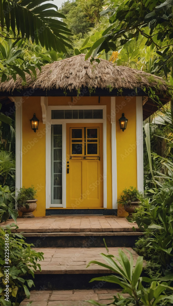 Golden abode, a charming yellow house surrounded by lush greenery, a summer oasis. Golden abode, a charming yellow house surrounded by lush greenery, a summer oasis.