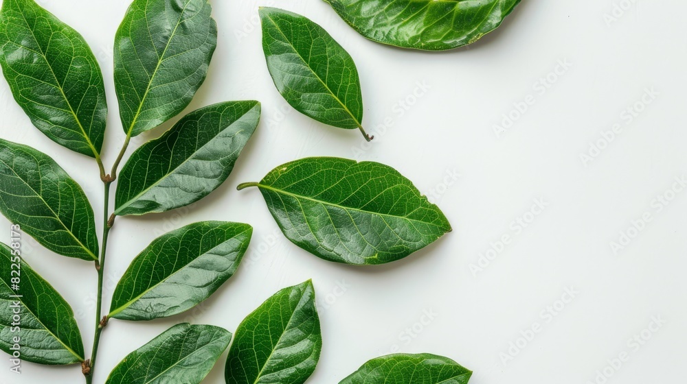 Fototapeta premium A green leaf cluster lies on a white counter top, adjacent to a solitary leafy branch Both rest on the white surface