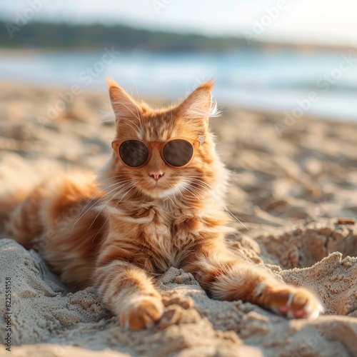 Ginger cat with a laid back vibe in trendy sunglasses basking under the sun on a sandy beach photo