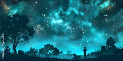 Guests in a secluded retreat watch constellations in a 2D cartoon landscape. Concept Dreamy Stargazing, Whimsical Cartoon Setting, Secluded Retreat, Cosmic Constellations, Enchanting Night Sky photo