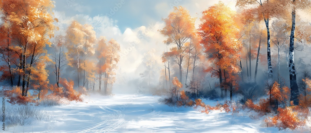 Naklejka premium oil painting illustration style, beautiful autumn scenery landscape with white snow cover on road