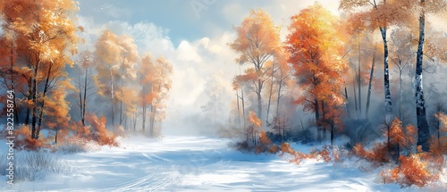 oil painting illustration style, beautiful autumn scenery landscape with white snow cover on road