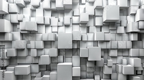  A collection of white cubes aligned stacked on a white surface  centered with a black and white logo