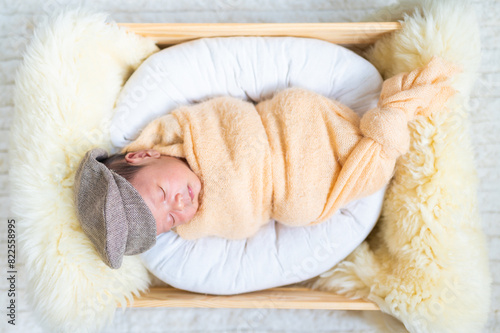Portrait of Newborn baby in costume sleeping in baby case