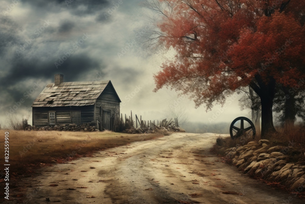 Eerie and scenic view of an old wooden cabin with a colorful autumn tree along a country road