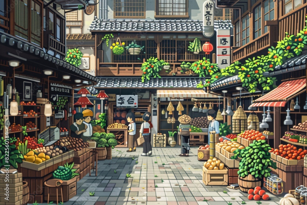 Pixel Art Market Scene with Cartoon Vendors Selling Fruits, Vegetables, and Trinkets in a Bustling Environment Pixel Art Market Scene with Cartoon Vendors Selling Fruits, Vegetables, and Trinkets in a Bustling Environment