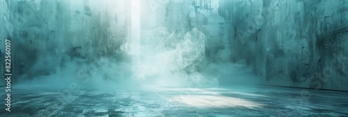 Mysterious foggy corridor with mist and grunge textures on worn blue walls and floor
