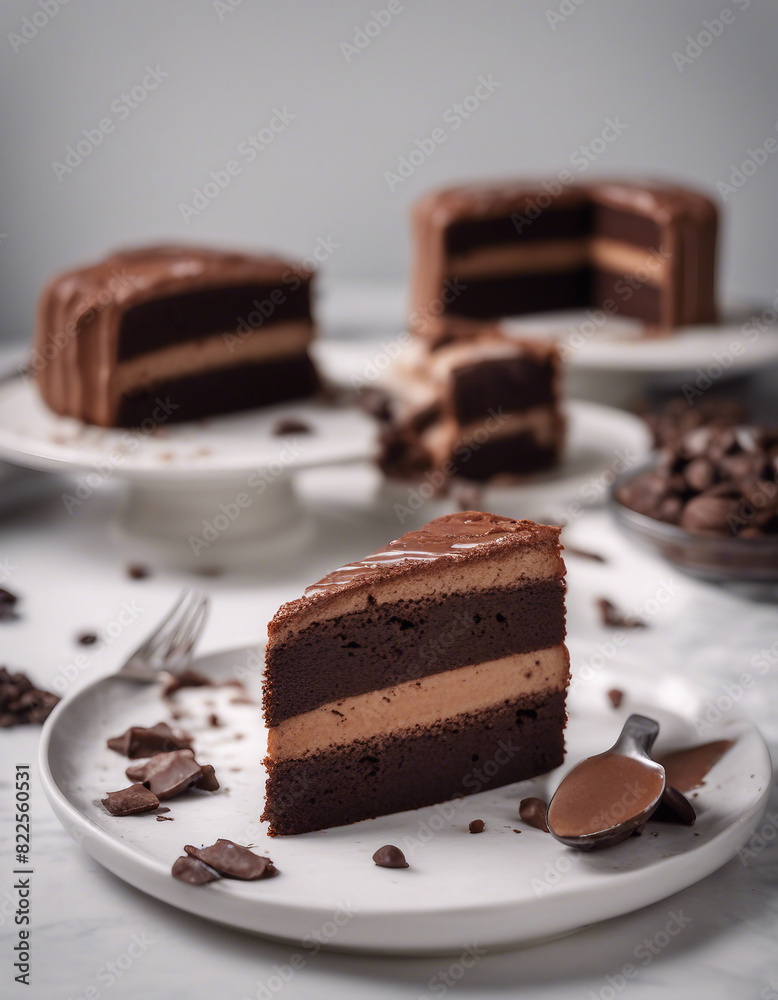homemade and delicious sliced cake with cocoa and chocolate on white marble in a plate
homemade and delicious sliced cake with cocoa and chocolate on white marble in a plate