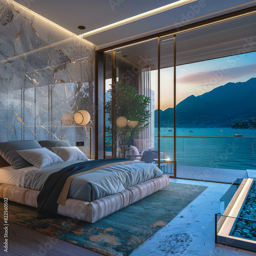A bedroom with a large window overlooking a body of water
