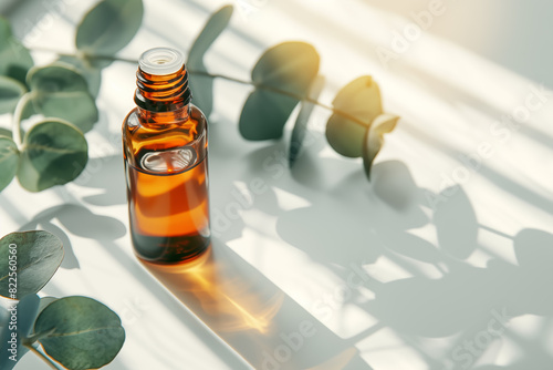 Open amber glass bottle with eucalyptus branch on a bright surface. Gentle sunlight filters through. Serum or essential oil. Beauty concept for face and body care