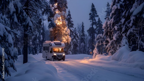 motorhome camper van in the nature, nomad van life for traveler in the winter holiday © kinza
