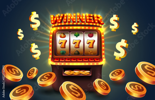 Winner slots machine casino, jackpot fortune, win banner. Vector illustration