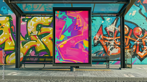 An extra tall vertical billboard at a bus stop  set before a vividly vibrant graffiti wall.