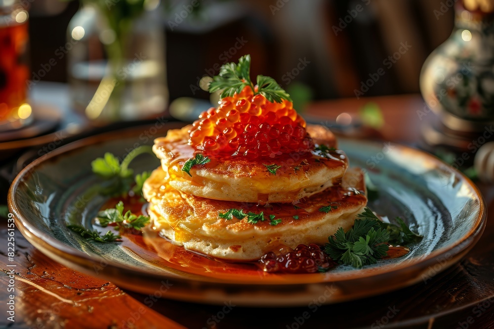 Close-up of Ukrainian pancakes topped with red caviar and garnished with parsley, on a rustic plate with a blurred background Close-up of Ukrainian pancakes topped with red caviar and garnished with parsley, on a rustic plate with a blurred background