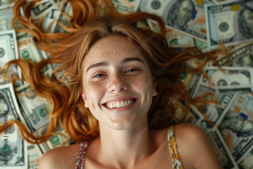 Passive income concept, a successful young woman lying on top of a pile of money she earned through her side hustle Passive income concept, a successful young woman lying on top of a pile of money she earned through her side hustle