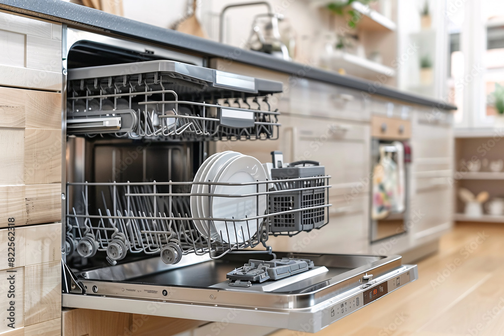 An open dishwasher in a modern kitchen An open dishwasher in a modern kitchen