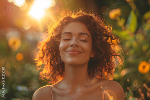 Backlit portrait photo of a calm, happy, free woman with her eyes closed in the evening light