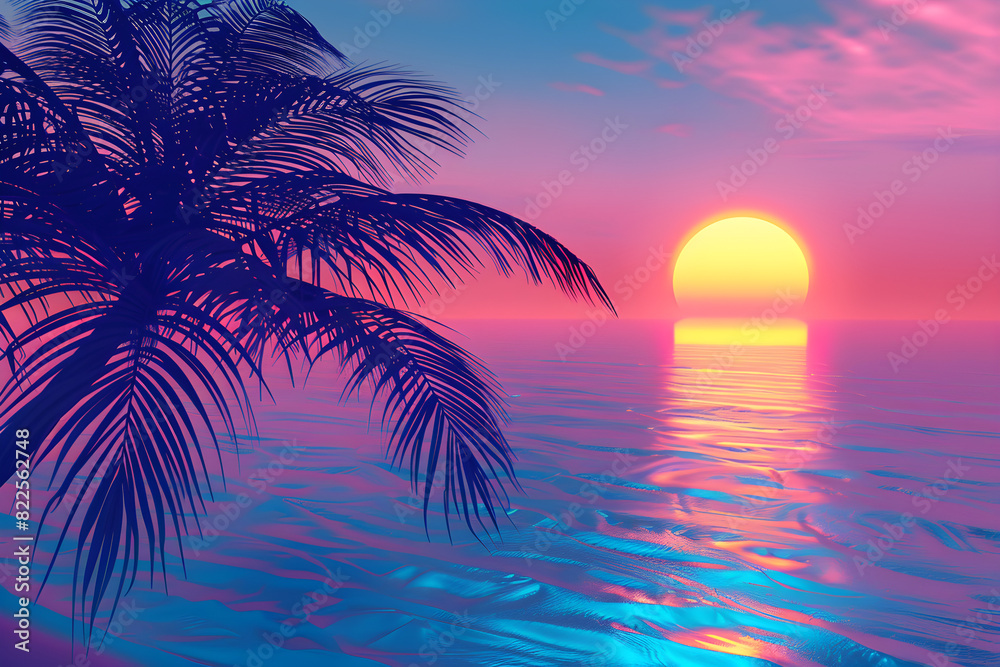 3D sunset on the beach with retro palms and a futuristic 1980s-style landscape. Perfect for nostalgia-themed parties or as a digital vacation backdrop.
