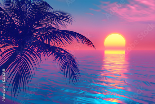 3D sunset on the beach with retro palms and a futuristic 1980s-style landscape. Perfect for nostalgia-themed parties or as a digital vacation backdrop.