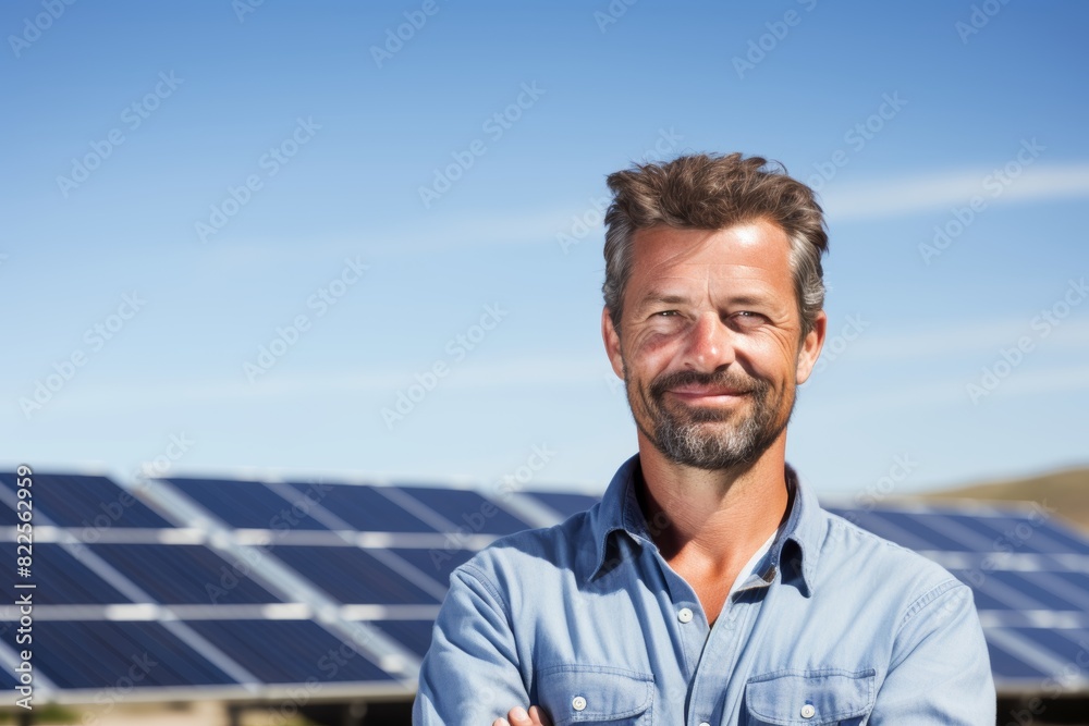 Harnessing the Sun's Power: An Environmental Specialist Poses in Front of an Impressive Solar Panel Array Harnessing the Sun's Power: An Environmental Specialist Poses in Front of an Impressive Solar Panel Array