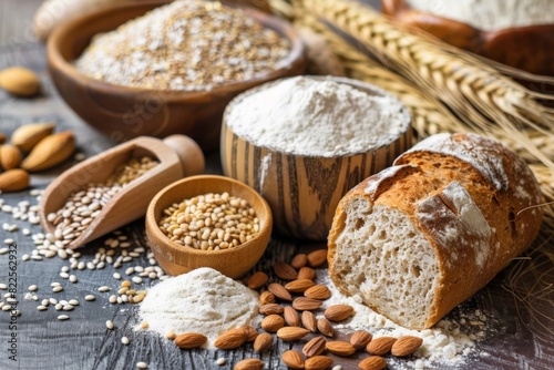 Some breads and grains on a table with a wooden spoon, gluten-free products