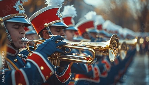 Visualize a high school marching band practicing for a parade or halftime show, playing their instruments with precision