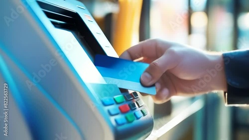 A close-up of a hand inserting a blue credit card into an ATM machine. The machine's keypad is visible. Concepts of finance, banking, technology, transactions, and security are associated. photo