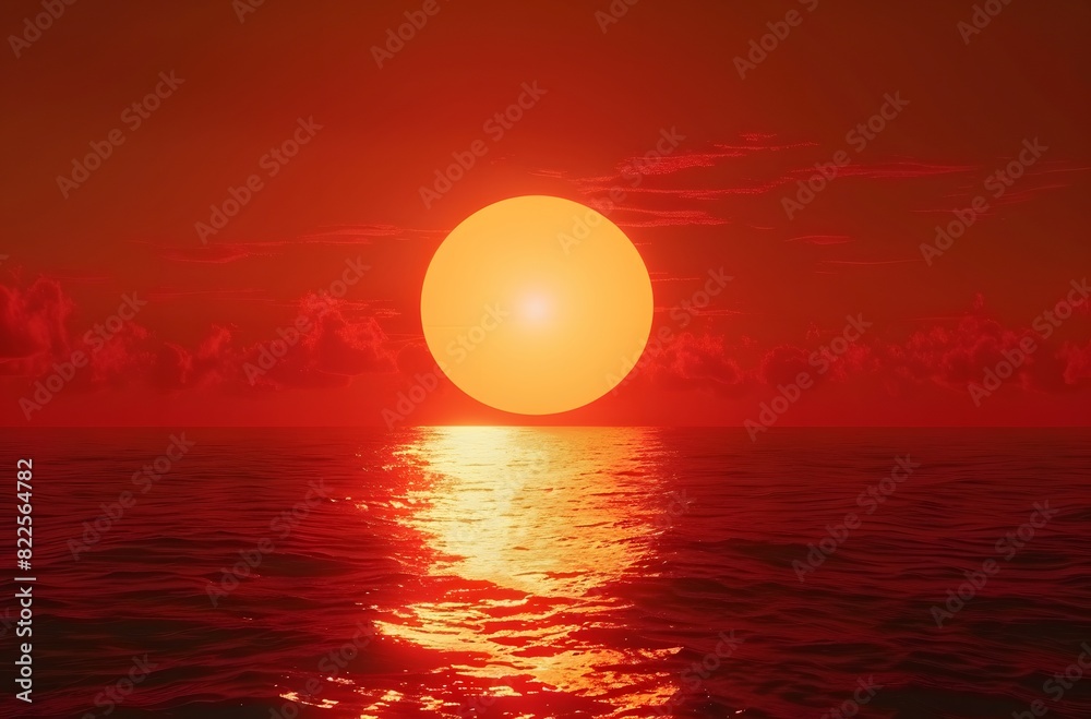 3D Rendering of Red Sunset Over the Sea with Big Sun 3D Rendering of Red Sunset Over the Sea with Big Sun