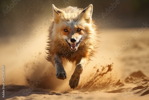Dynamic image of a red fox running towards the camera  kicking up sand with intense focus