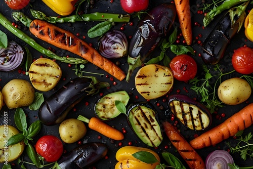 Mixed grilled vegetable cooked with spices and herbs  potatoes  peppers  eggplants  asparagus  zucchini  tomatoes and onions. Top view  flat lay. Healthy vegetarian food.