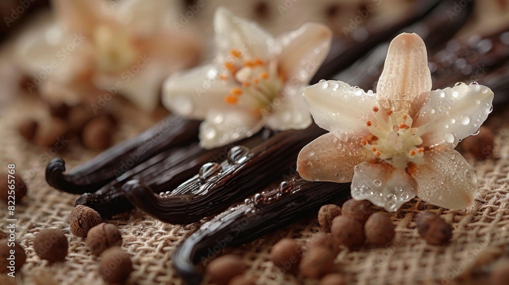 Beautiful vanilla flowers with water droplets and vanilla pods surrounded by spices on a textured burlap background.